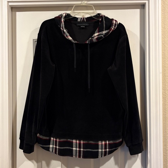 Sanctuary Black Hoodie with Plaid Accents soft velvet feel size L like new - Picture 4 of 6